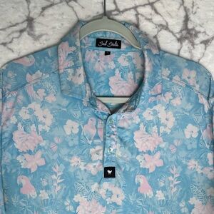 BAD BIRDIE Golf Polo Shirt Men's L Blue Pink Floral Parrots Tennis Pickleball